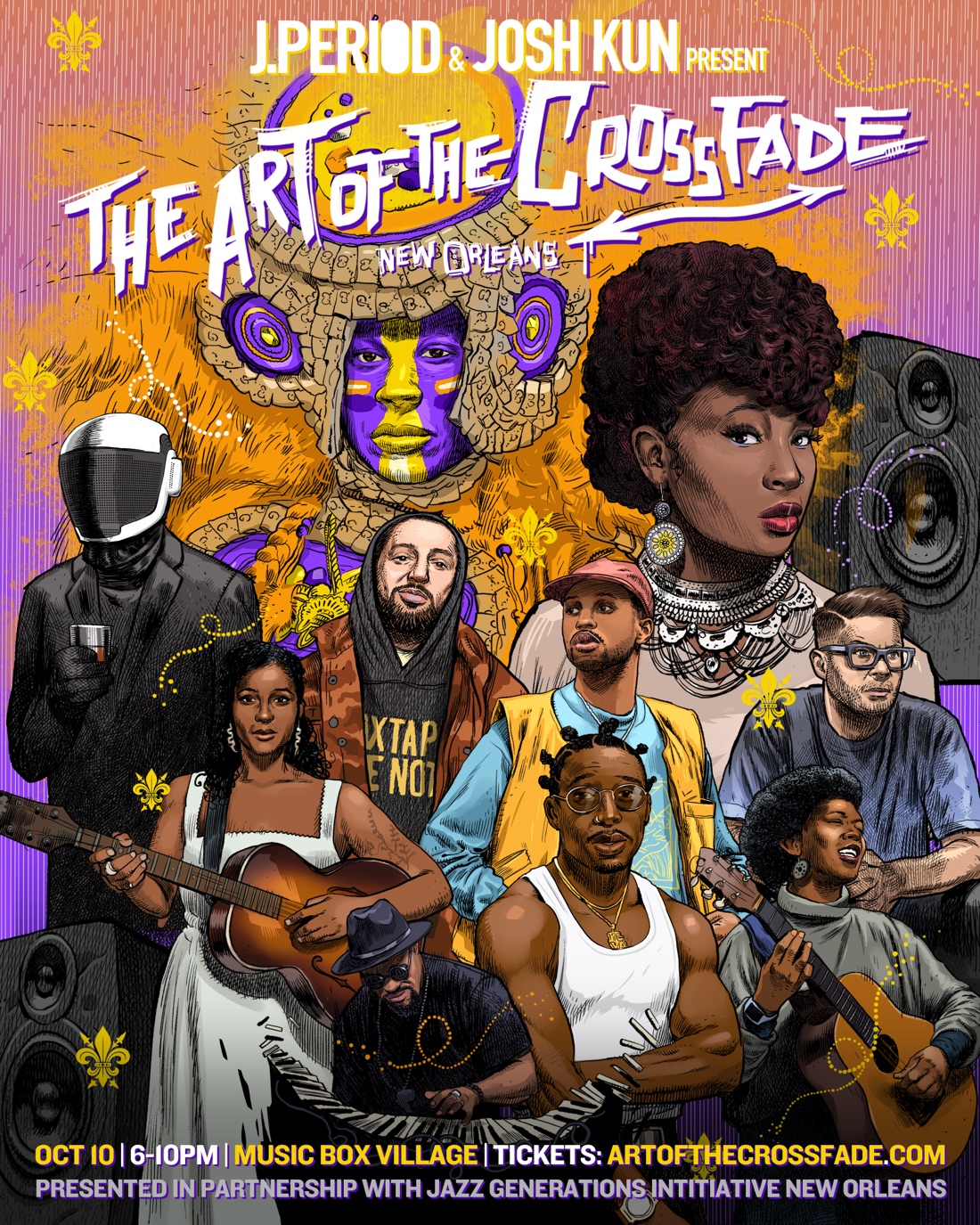 The Art of the Crossfade: New Orleans — original flyer for the October 10 date at Music Box Village, now postponed due to weather. J.PERIOD & Josh Kun present, in partnership with Jazz Generations Initiative New Orleans.